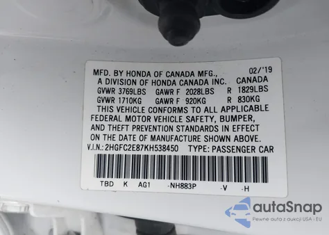2019 Honda Civic Sport z USA, uszkodzony, nr VIN 2HGFC2E87KH538450